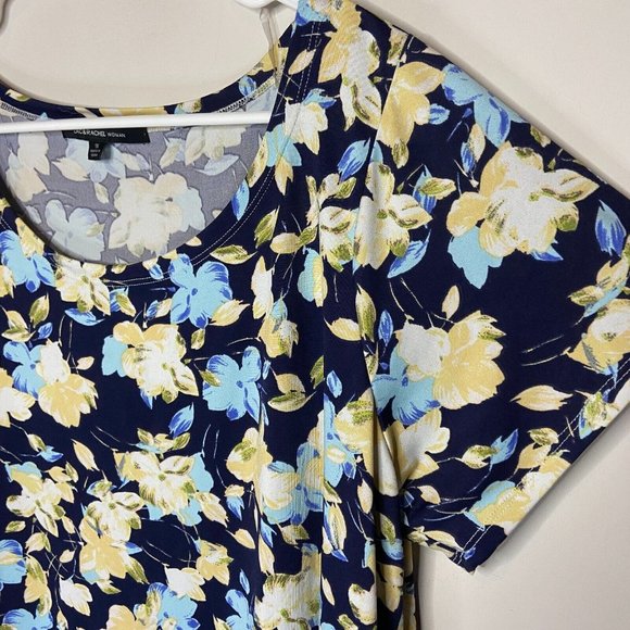 Zac & Rachel Women Plus 1X Floral Top Blue Yellow Short Sleeve Stretch Shirt - Picture 2 of 9
